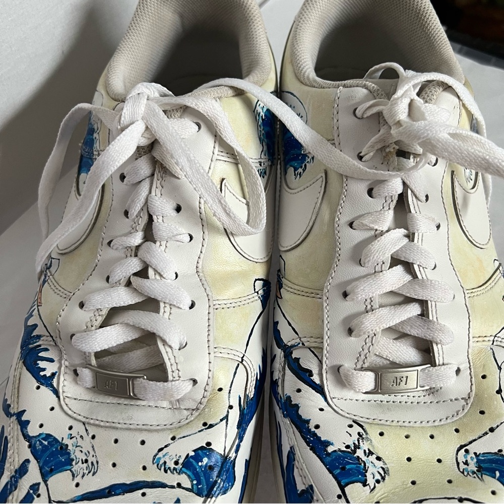 Nike Air White and Blue Ocean Waves Great Wave Custom Drawn Sneakers - Picture 4 of 14